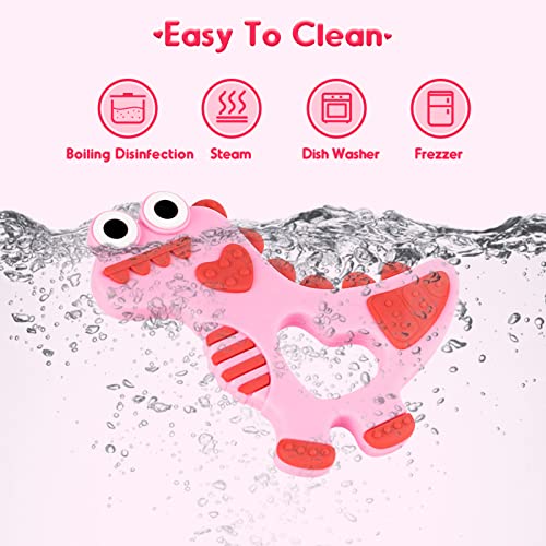 Soft Silicone Baby Teething Toys 3-6/6-12 Months Pink Dinosaur Teethers Valentines Day Gifts Baby Girl Boy Sore Gums Relief Infant Toys Birthday Gift Chocking-Prove Design Baby Chew Toys BPA-Free by NPET