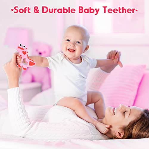 Soft Silicone Baby Teething Toys 3-6/6-12 Months Pink Dinosaur Teethers Valentines Day Gifts Baby Girl Boy Sore Gums Relief Infant Toys Birthday Gift Chocking-Prove Design Baby Chew Toys BPA-Free by NPET