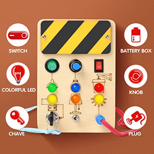 POLKRANE Busy Board with LED Light, Montessori Toys with Toggle Switch, Sensory Toys for Toddlers 1-3, Travel Toys for Educational Toddler Activities for 1 2 3 4 Year Old Boys & Girls by POLKRANE
