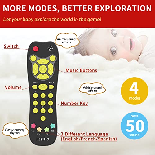 Baby Remote Control Toy with Light Sound Realistic Toddler TV Remote Toy with Adjustable Volume Kid Learning Education Musical Toys with English French Spanish Infant Gift for Boy Girl 6M+ (Black) by iKOIHO