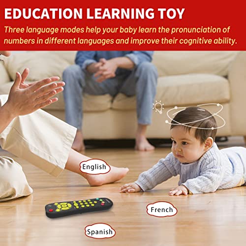 Baby Remote Control Toy with Light Sound Realistic Toddler TV Remote Toy with Adjustable Volume Kid Learning Education Musical Toys with English French Spanish Infant Gift for Boy Girl 6M+ (Black) by iKOIHO