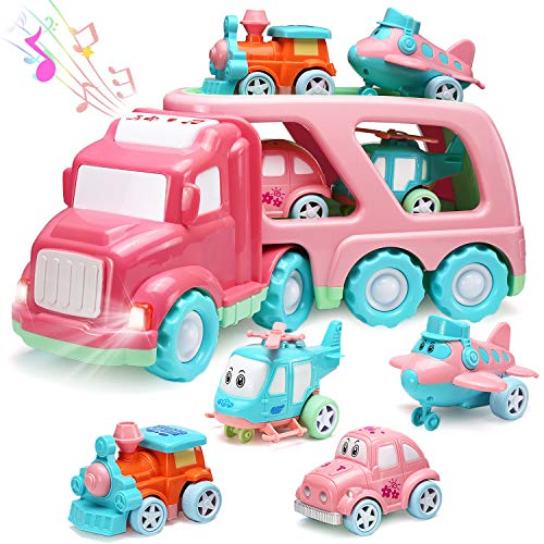 Carrier Car Toy Set(5 in 1) with Lights and Sounds, Pink Toy for Girl Toddler Kid, Friction Powered Double Layer Transport Truck with Cartoon Vehicles, Child Play Birthday Gift Christmas Party Favors by LESUTER TOYS