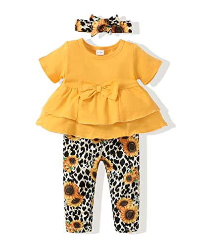 Baby Girl Clothes 9-12 Months 9 Months Girls Clothes Infant Summer Clothing 12 Month Girl Clothes Short Sleeve Ruffle Shirt Leopard Sunflower Pants Outfits Set for Girls Yellow by 