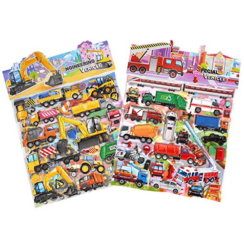 Puffy Stickers Activity Play Set 2 Pack:Construction and Vehicle for Toddlers Boys Kids Travel Activities Reusable 3D Stickers with Trucks Tractor Police Car Fire Truck Ambulance,Gifts. from SHANGRLA