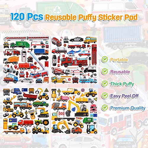 Puffy Stickers Activity Play Set 2 Pack:Construction and Vehicle for Toddlers Boys Kids Travel Activities Reusable 3D Stickers with Trucks Tractor Police Car Fire Truck Ambulance,Gifts. from SHANGRLA