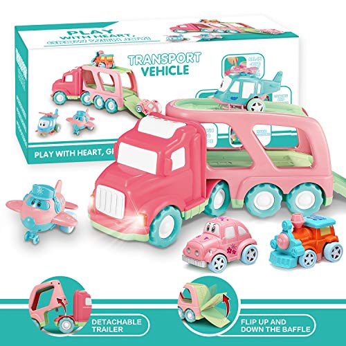 Carrier Car Toy Set(5 in 1) with Lights and Sounds, Pink Toy for Girl Toddler Kid, Friction Powered Double Layer Transport Truck with Cartoon Vehicles, Child Play Birthday Gift Christmas Party Favors by LESUTER TOYS