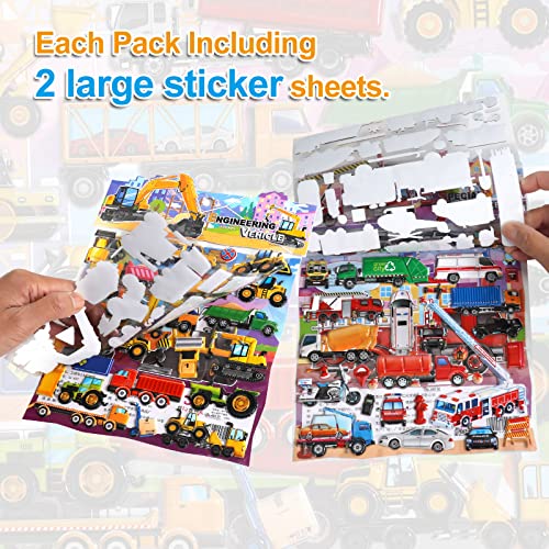 Puffy Stickers Activity Play Set 2 Pack:Construction and Vehicle for Toddlers Boys Kids Travel Activities Reusable 3D Stickers with Trucks Tractor Police Car Fire Truck Ambulance,Gifts. from SHANGRLA