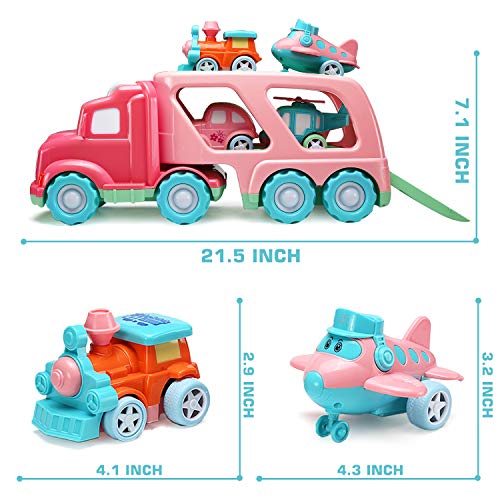 Carrier Car Toy Set(5 in 1) with Lights and Sounds, Pink Toy for Girl Toddler Kid, Friction Powered Double Layer Transport Truck with Cartoon Vehicles, Child Play Birthday Gift Christmas Party Favors by LESUTER TOYS