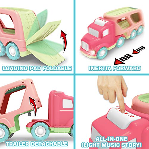 Carrier Car Toy Set(5 in 1) with Lights and Sounds, Pink Toy for Girl Toddler Kid, Friction Powered Double Layer Transport Truck with Cartoon Vehicles, Child Play Birthday Gift Christmas Party Favors by LESUTER TOYS