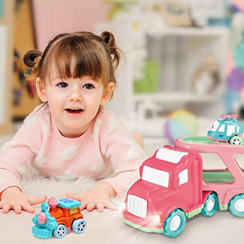 Carrier Car Toy Set(5 in 1) with Lights and Sounds, Pink Toy for Girl Toddler Kid, Friction Powered Double Layer Transport Truck with Cartoon Vehicles, Child Play Birthday Gift Christmas Party Favors by LESUTER TOYS