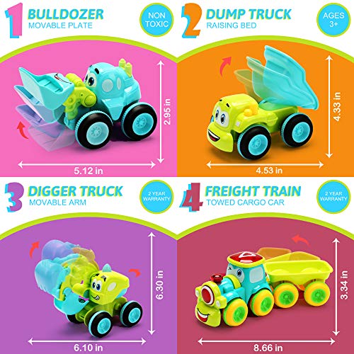Toys for a 2 Year Old Boy - 4 Friction Powered Trucks for 3+ Year Old Boys, Push & Go Cars Cartoon Construction Vehicle Set - Best Toddler Boys Toys & Toy Trucks, Play Pull Back Car, Idea by MOBIUS Toys