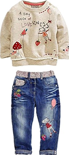 Little Girl's Long Sleeve Cartoon Pullover Shirt and Jeans Pants Outfit Set, Apricot, 2T from 