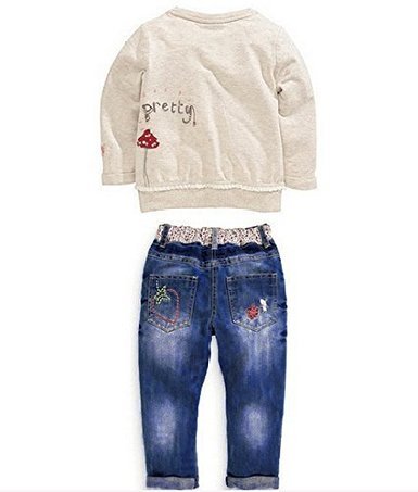 Little Girl's Long Sleeve Cartoon Pullover Shirt and Jeans Pants Outfit Set, Apricot, 2T from 