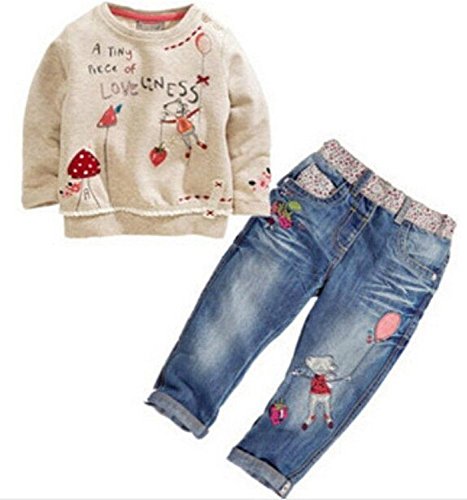 Little Girl's Long Sleeve Cartoon Pullover Shirt and Jeans Pants Outfit Set, Apricot, 2T from 