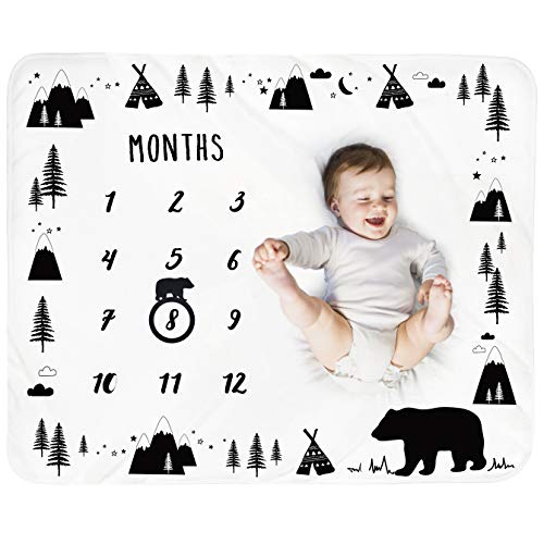 Baby Monthly Milestone Blanket Boy - Bear Newborn Month Blanket Unisex Neutral Personalized Shower Gift Woodland Nursery Decor Photography Background Prop with Frame Large 51''x40'' by Tebaby