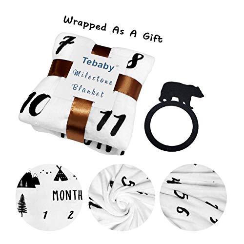 Baby Monthly Milestone Blanket Boy - Bear Newborn Month Blanket Unisex Neutral Personalized Shower Gift Woodland Nursery Decor Photography Background Prop with Frame Large 51''x40'' by Tebaby