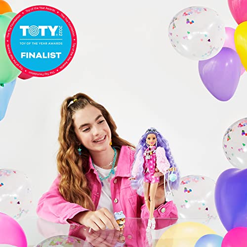 Barbie Extra Doll #6 in Pink Teddy Bear Print Denim Jacket & Matching Shorts with Pet Puppy, Long Periwinkle Hair, Layered Outfit & Accessories, Multiple Flexible Joints from Mattel