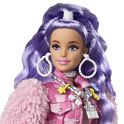 Barbie Extra Doll #6 in Pink Teddy Bear Print Denim Jacket & Matching Shorts with Pet Puppy, Long Periwinkle Hair, Layered Outfit & Accessories, Multiple Flexible Joints from Mattel