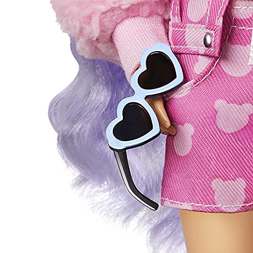 Barbie Extra Doll #6 in Pink Teddy Bear Print Denim Jacket & Matching Shorts with Pet Puppy, Long Periwinkle Hair, Layered Outfit & Accessories, Multiple Flexible Joints from Mattel
