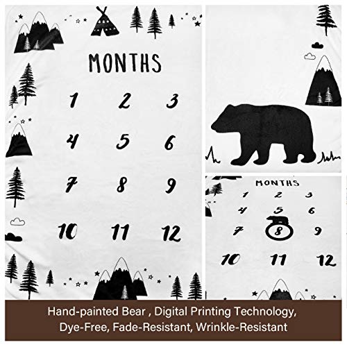 Baby Monthly Milestone Blanket Boy - Bear Newborn Month Blanket Unisex Neutral Personalized Shower Gift Woodland Nursery Decor Photography Background Prop with Frame Large 51''x40'' by Tebaby