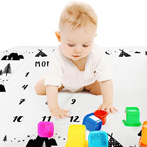 Baby Monthly Milestone Blanket Boy - Bear Newborn Month Blanket Unisex Neutral Personalized Shower Gift Woodland Nursery Decor Photography Background Prop with Frame Large 51''x40'' by Tebaby