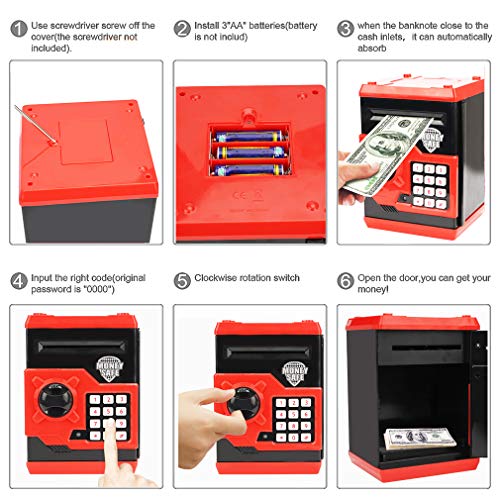 Setibre Piggy Bank, Electronic ATM Password Cash Coin Can Auto Scroll Paper Money Saving Box Toy Gift for Kids (Red) from Setibre