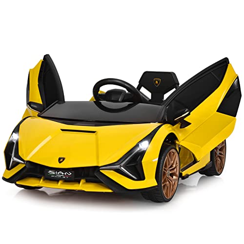 INFANS 12V Licensed Lamborghini Sian Kids Ride On Car with Parent Remote Control, Spring Suspension, MP3 Player, Electric Toy Roadster Carbon Fiber Textured for Toddler (Yellow) from INFANS