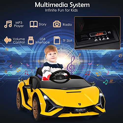 INFANS 12V Licensed Lamborghini Sian Kids Ride On Car with Parent Remote Control, Spring Suspension, MP3 Player, Electric Toy Roadster Carbon Fiber Textured for Toddler (Yellow) from INFANS