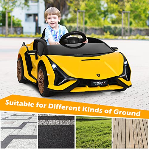 INFANS 12V Licensed Lamborghini Sian Kids Ride On Car with Parent Remote Control, Spring Suspension, MP3 Player, Electric Toy Roadster Carbon Fiber Textured for Toddler (Yellow) from INFANS