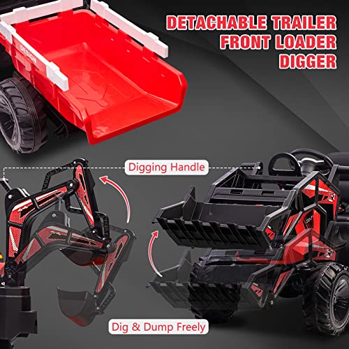 Hetoy 3 in 1 Ride on Tractor, Excavator & Bulldozer, 24V Electric Vehicle w/Trailer, Shovel Bucket, Digger, Remote Control, EVA Tires, LED Lights, Music, USB & Bluetooth, Kids Ride on Car Toy, Red by Hetoy