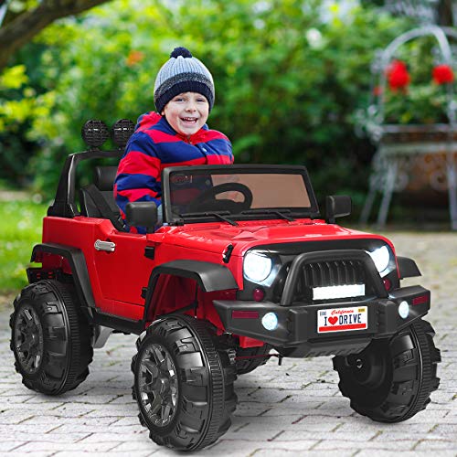 Costzon Ride on Car, 12V Battery Powered Electric Vehicle w/Parent Remote Control, Spring Suspension, Storage, 3 Speeds, LED Light, MP3, Music, USB & AUX Port, Safety Belt, Kids 4 Wheeler Truck, Red from Costzon