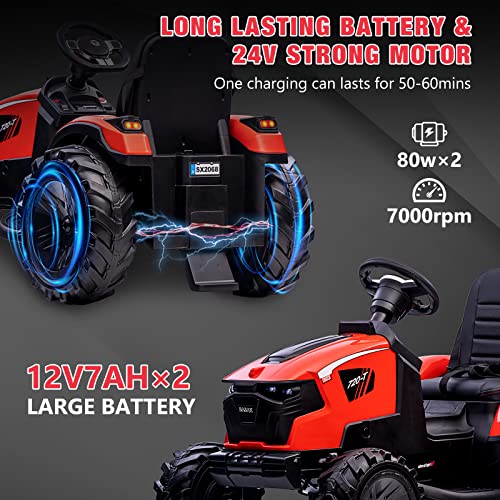 Hetoy 3 in 1 Ride on Tractor, Excavator & Bulldozer, 24V Electric Vehicle w/Trailer, Shovel Bucket, Digger, Remote Control, EVA Tires, LED Lights, Music, USB & Bluetooth, Kids Ride on Car Toy, Red by Hetoy