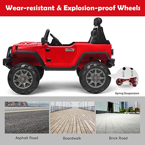 Costzon Ride on Car, 12V Battery Powered Electric Vehicle w/Parent Remote Control, Spring Suspension, Storage, 3 Speeds, LED Light, MP3, Music, USB & AUX Port, Safety Belt, Kids 4 Wheeler Truck, Red from Costzon