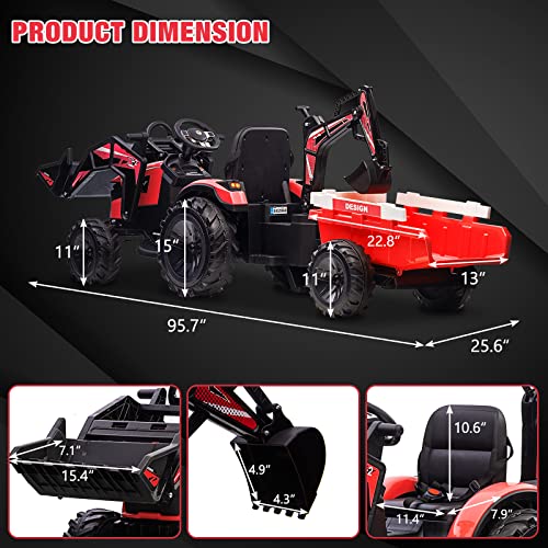 Hetoy 3 in 1 Ride on Tractor, Excavator & Bulldozer, 24V Electric Vehicle w/Trailer, Shovel Bucket, Digger, Remote Control, EVA Tires, LED Lights, Music, USB & Bluetooth, Kids Ride on Car Toy, Red by Hetoy