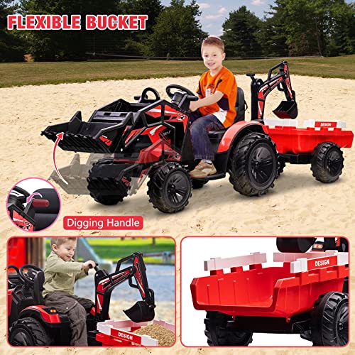 Hetoy 3 in 1 Ride on Tractor, Excavator & Bulldozer, 24V Electric Vehicle w/Trailer, Shovel Bucket, Digger, Remote Control, EVA Tires, LED Lights, Music, USB & Bluetooth, Kids Ride on Car Toy, Red by Hetoy