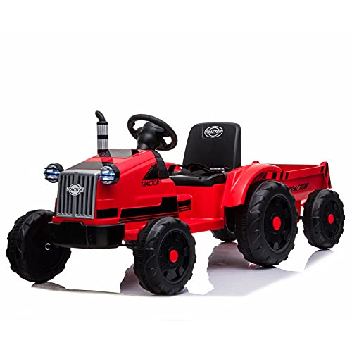 Winado Ride on Tractor w/Trailer, 12V Battery Powered Electric Vehicle Toy, Kids Ride on Car w/Remote Control, Treaded Tires, 3 Speeds, LED Lights, Audio, Safety Belt, Red from Winado