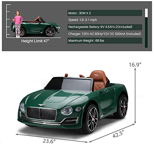 Tobbi 12V Licensed Bentley Electric Kids Ride On Racer Cars Toy Battery Powered Vehicle with Remote Control 3 Speeds MP3 USB in Blackish Green from TOBBI