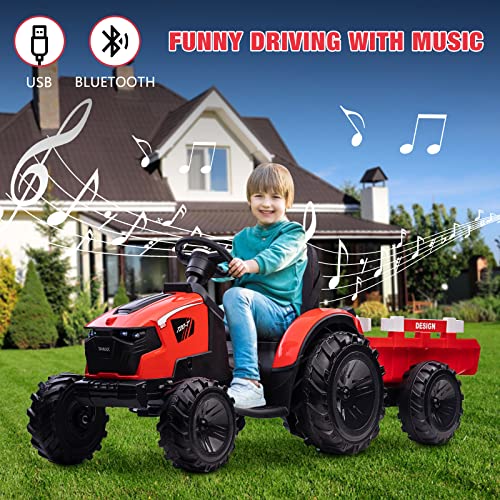 Hetoy 3 in 1 Ride on Tractor, Excavator & Bulldozer, 24V Electric Vehicle w/Trailer, Shovel Bucket, Digger, Remote Control, EVA Tires, LED Lights, Music, USB & Bluetooth, Kids Ride on Car Toy, Red by Hetoy