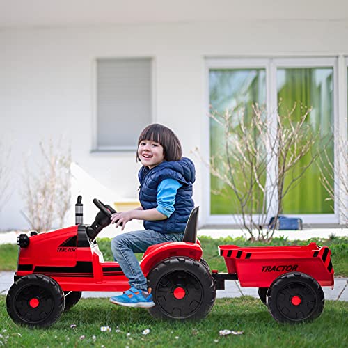Winado Ride on Tractor w/Trailer, 12V Battery Powered Electric Vehicle Toy, Kids Ride on Car w/Remote Control, Treaded Tires, 3 Speeds, LED Lights, Audio, Safety Belt, Red from Winado