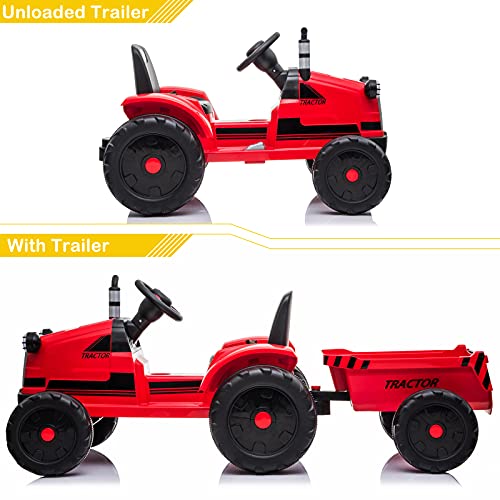 Winado Ride on Tractor w/Trailer, 12V Battery Powered Electric Vehicle Toy, Kids Ride on Car w/Remote Control, Treaded Tires, 3 Speeds, LED Lights, Audio, Safety Belt, Red from Winado