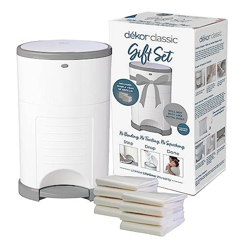 Dekor Classic Hands-Free Diaper Pail Gift Set | Baby Registry Must Haves | Over a Year Supply of Refills | Doesn't Absorb Odors | Newborn Essentials for Nursery by Dekor