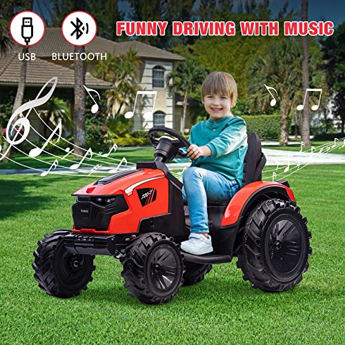 Hetoy 3 in 1 Ride on Tractor, Excavator & Bulldozer, 24V Electric Vehicle w/Trailer, Shovel Bucket, Digger, Remote Control, EVA Tires, LED Lights, Music, USB & Bluetooth, Kids Ride on Car Toy, Red by Hetoy