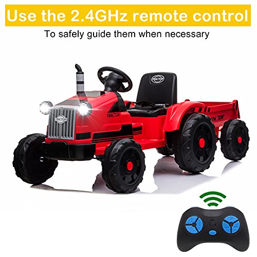 Winado Ride on Tractor w/Trailer, 12V Battery Powered Electric Vehicle Toy, Kids Ride on Car w/Remote Control, Treaded Tires, 3 Speeds, LED Lights, Audio, Safety Belt, Red from Winado