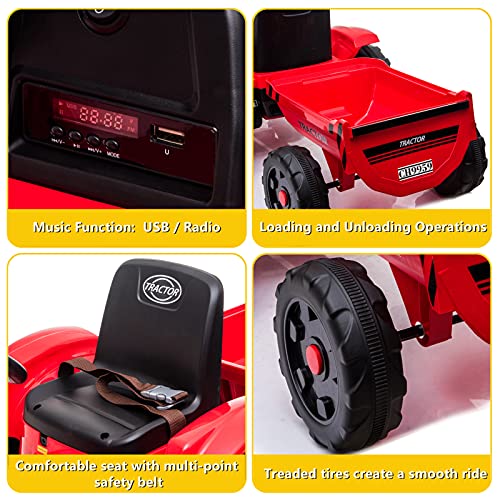 Winado Ride on Tractor w/Trailer, 12V Battery Powered Electric Vehicle Toy, Kids Ride on Car w/Remote Control, Treaded Tires, 3 Speeds, LED Lights, Audio, Safety Belt, Red from Winado