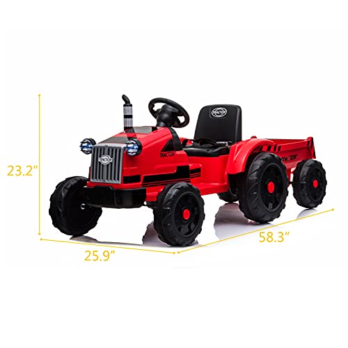 Winado Ride on Tractor w/Trailer, 12V Battery Powered Electric Vehicle Toy, Kids Ride on Car w/Remote Control, Treaded Tires, 3 Speeds, LED Lights, Audio, Safety Belt, Red from Winado