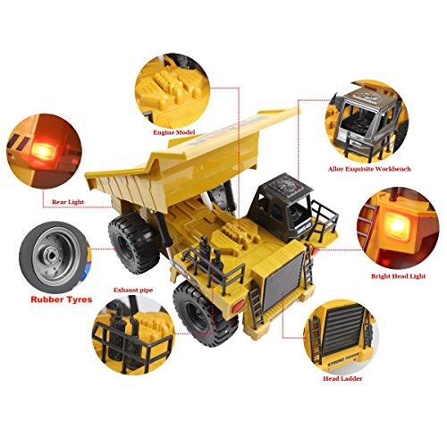 fisca Remote Control Dump Truck 2.4Ghz 4WD RC Truck 6 Channel Mine Construction Vehicle Toy Machine Model with LED Light and Metal Cab for Kids from Fisca