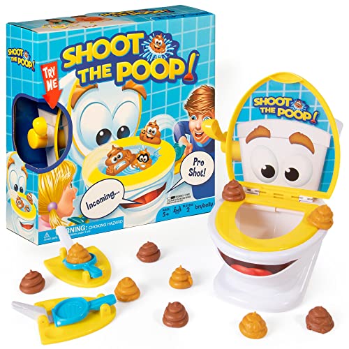 Brybelly The Original Shoot The Poop - Funny Family Game - Fast and Frenzied Flushing Poop Game with Fun Sounds for Kids - Includes Talking Toilet Bowl, Dexterity Launchers, 12 Soft Plastic Toy Poops by Maya Games