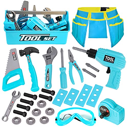 LOYO Kids Tool Set - Pretend Play Construction Toy with Tool Box Kids Tool Belt Electronic Toy Drill Construction Accessories Gift for Toddlers Boys Ages 3 , 4, 5, 6, 7 Years Old (Blue) from LOYO