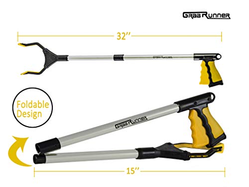 GrabRunner Reacher Grabber Tool for Elderly,32 Inch Foldable Trash Picker Grabber with Strong Magnetic Tip,90Â° Rotating Head Trash Gripper, Litter Picker, Garden Nabber, Long Arm Extension(Yellow) by Grab experter