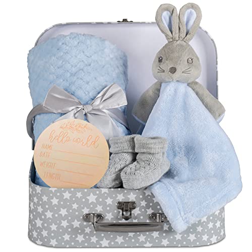 Baby Boy Gift Set New Born Baby Gifts Baby Blue Bunny Security Blanket Soft Fleece, Suitcase Keepsake Box Blanket Booties & Baby Gift Basket â Unique Present for Baby Shower & Newborn Lovey Welcome from Hoolaroo